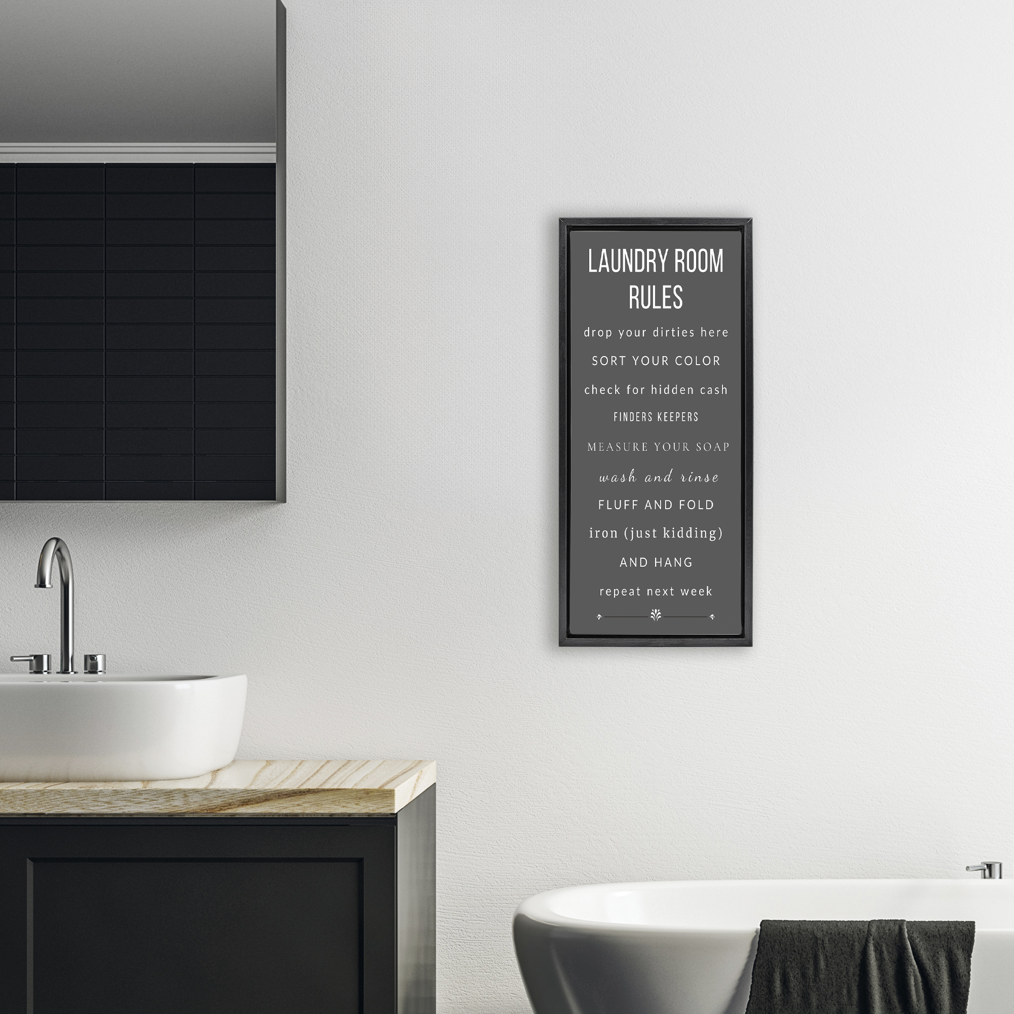 Grey Rules of Laundry Room Black Framed Floater Canvas Wall Art, design by Julia Frost