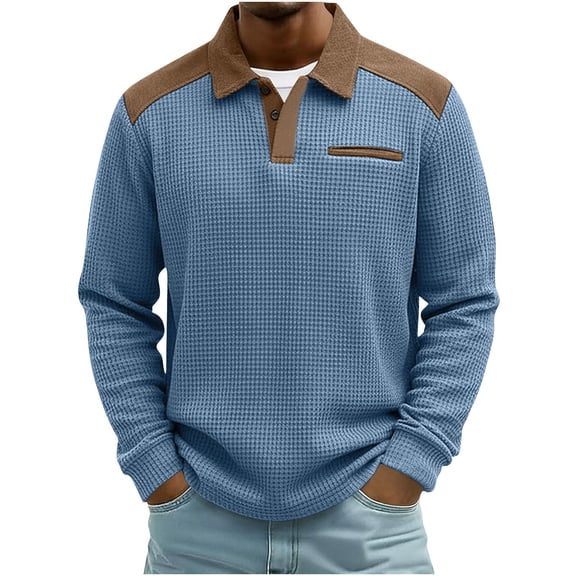 WQNVRNR Men's Waffle Knit Polo Shirt- Spring Fall Casual Lapel Collar Pullover Long Sleeve Top with Chest Pocket Blue Size L