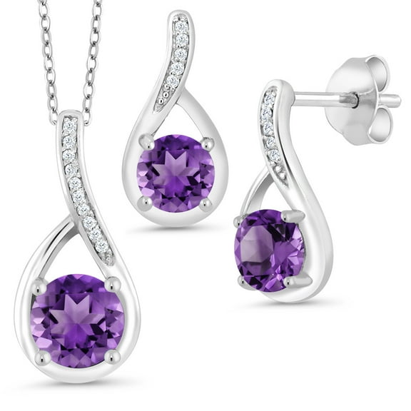 Gem Stone King 925 Sterling Silver Purple Amethyst and Diamond Pendant and Earrings Jewelry Set for Women (1.74 Cttw, Gemstone Birthstone, with 18 inch Silver Chain)