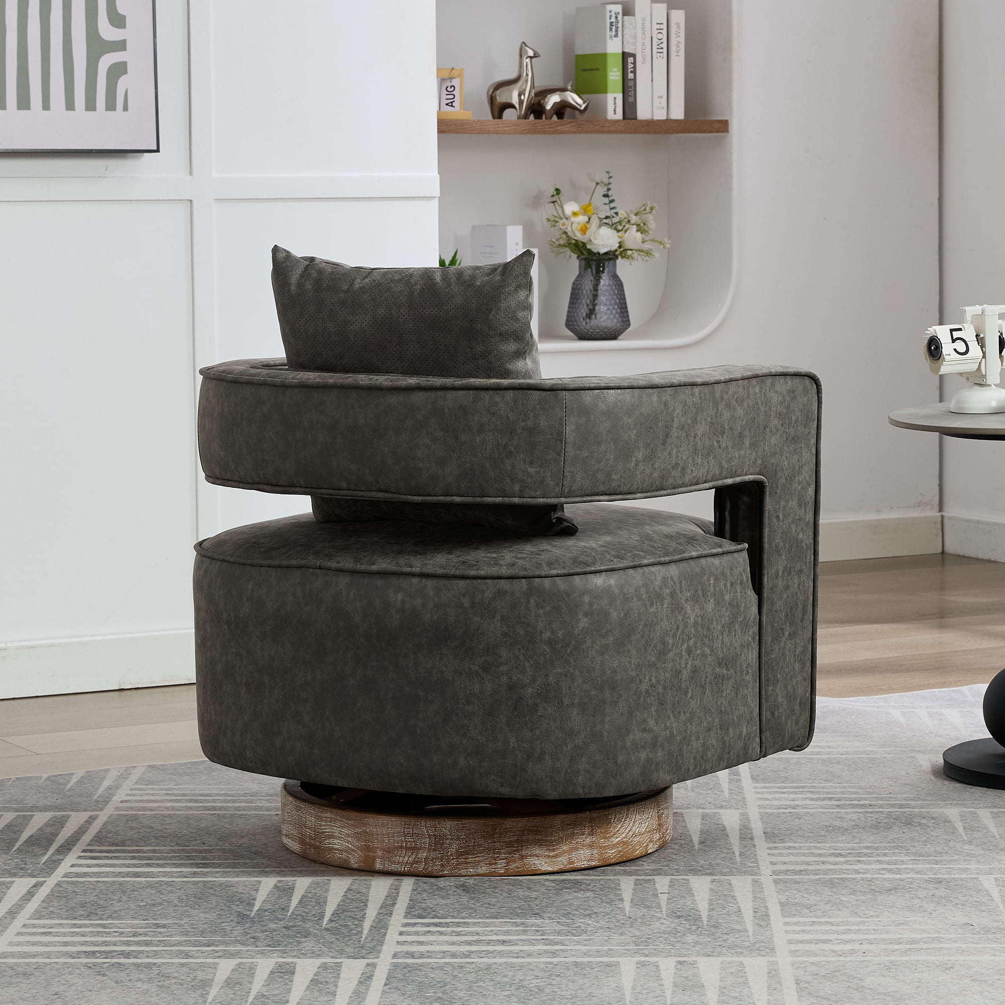 Leumius Swivel Accent Chair with Open Back,Modern Single Sofa Chair With Weathered Base for Nursery Bedroom Living Room Hotel Office, Club Chair Leisure Arm Chair for Lounge,Gray PU