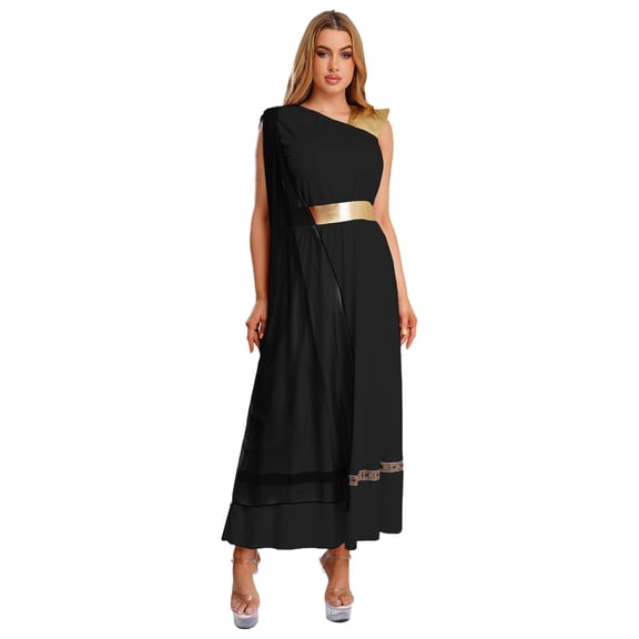 Hansber Women Ancient Greek Princess Roman Toga Dress One Shoulder Full Length Praise Dance Tunic Dress Black M