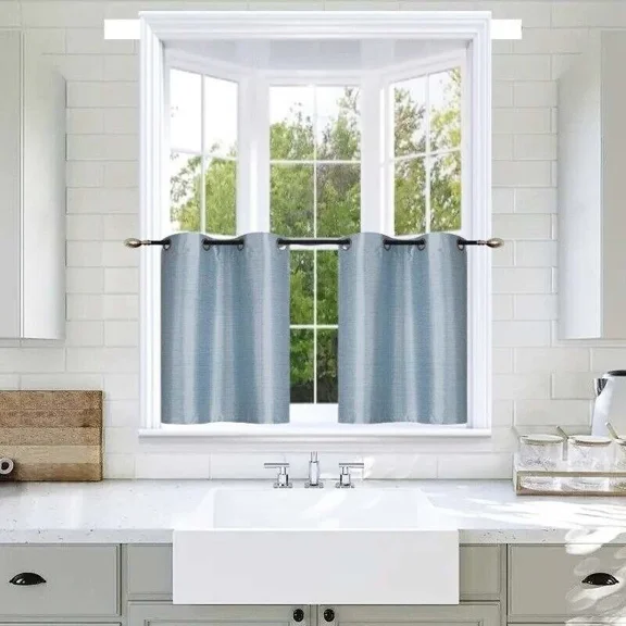 Gorgeous Home Linen D24 Slate Blue 2-Piece Short Half Window Blackout Curtains