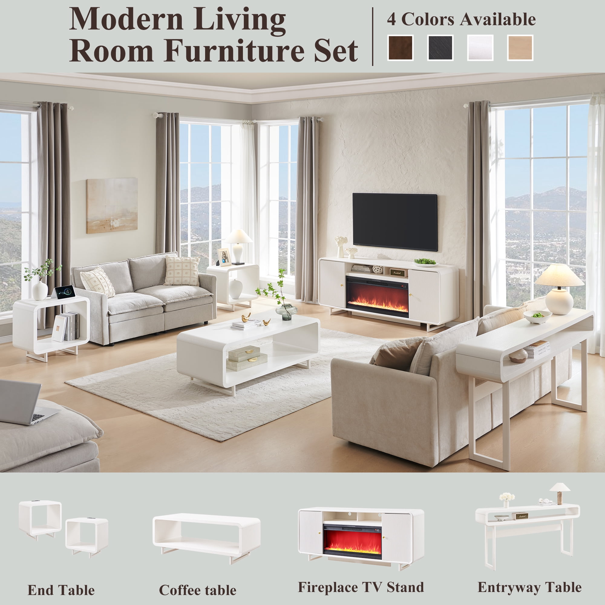 SinCiDo 70" Electric Fireplace TV Stand, Modern TV Stand up to 80" with Fireplace, Wood Media Console w/Curved Profile Design for Living Room