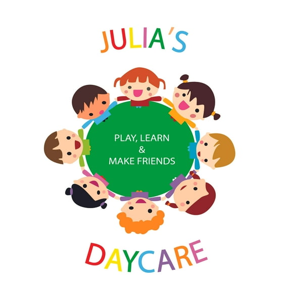 DAYCARE - Kids Daycare Personalized Name Lettering Decoration Multicolored Art Design Vinyl Adhesive Wall Decal - Play Learn & Make Friends Daycare Quotes Decor Removable Wall Sticker 7" x 10"