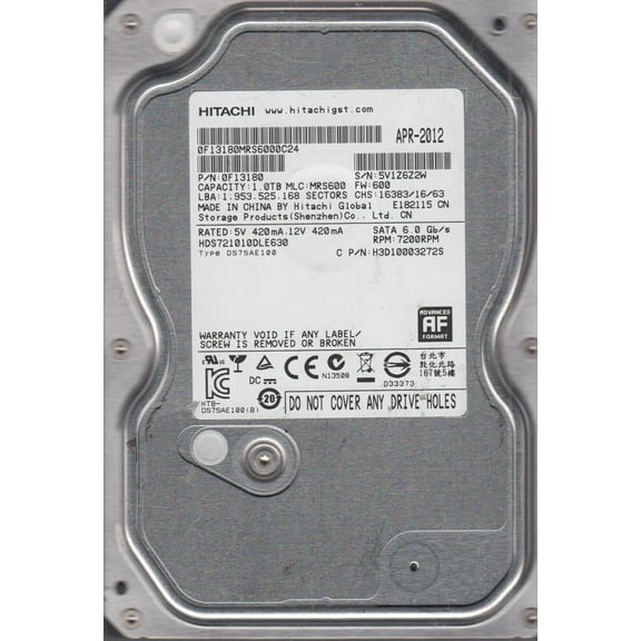 HDS721010DLE630, PN 0F13180, MLC MRS600, Hitachi 1TB SATA 3.5 Hard Drive