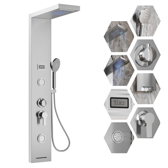 Yeshouse columna de ducha con panel cepillado y pantalla LED de temperatura, chorros de masaje, boquillas ajustables, ducha de mano alta presión y cabezal de lluvia, montaje en pared