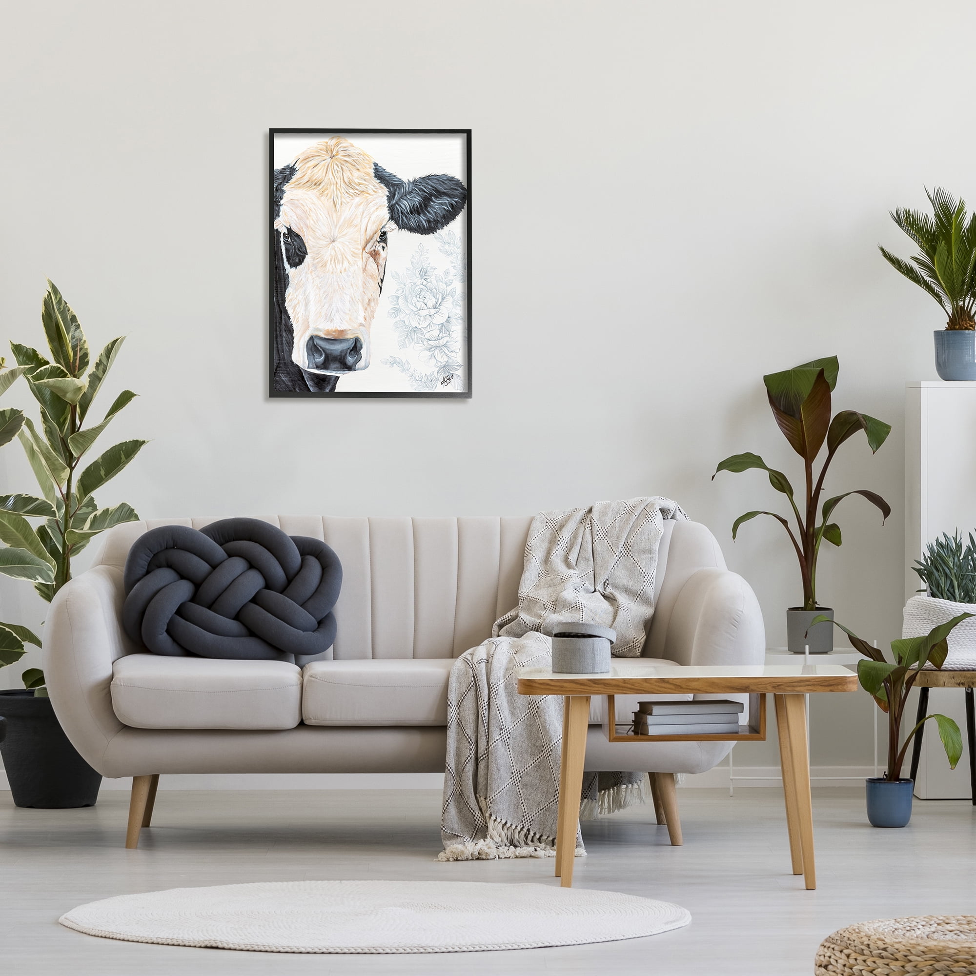 Stupell Floral Cow Farmhouse Rural Portrait Animals & Insects Painting Black Framed Art Print Wall Art