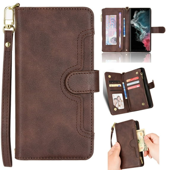 Nalacover for Samsung Galaxy S22 Ultra Zipper Wallet Case, Lanyard Shoulder Strap Crossbody Card Slots Holder Cover with Magnetic Clasp Kickstand Premium PU Leather + Soft TPU Shockproof Case,Brown