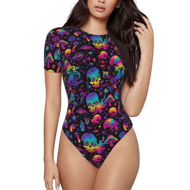Balery mushroom colorful Skull Body de cuello redondo de manga corta para mujer Tops de manga corta Tops básicos-Medium