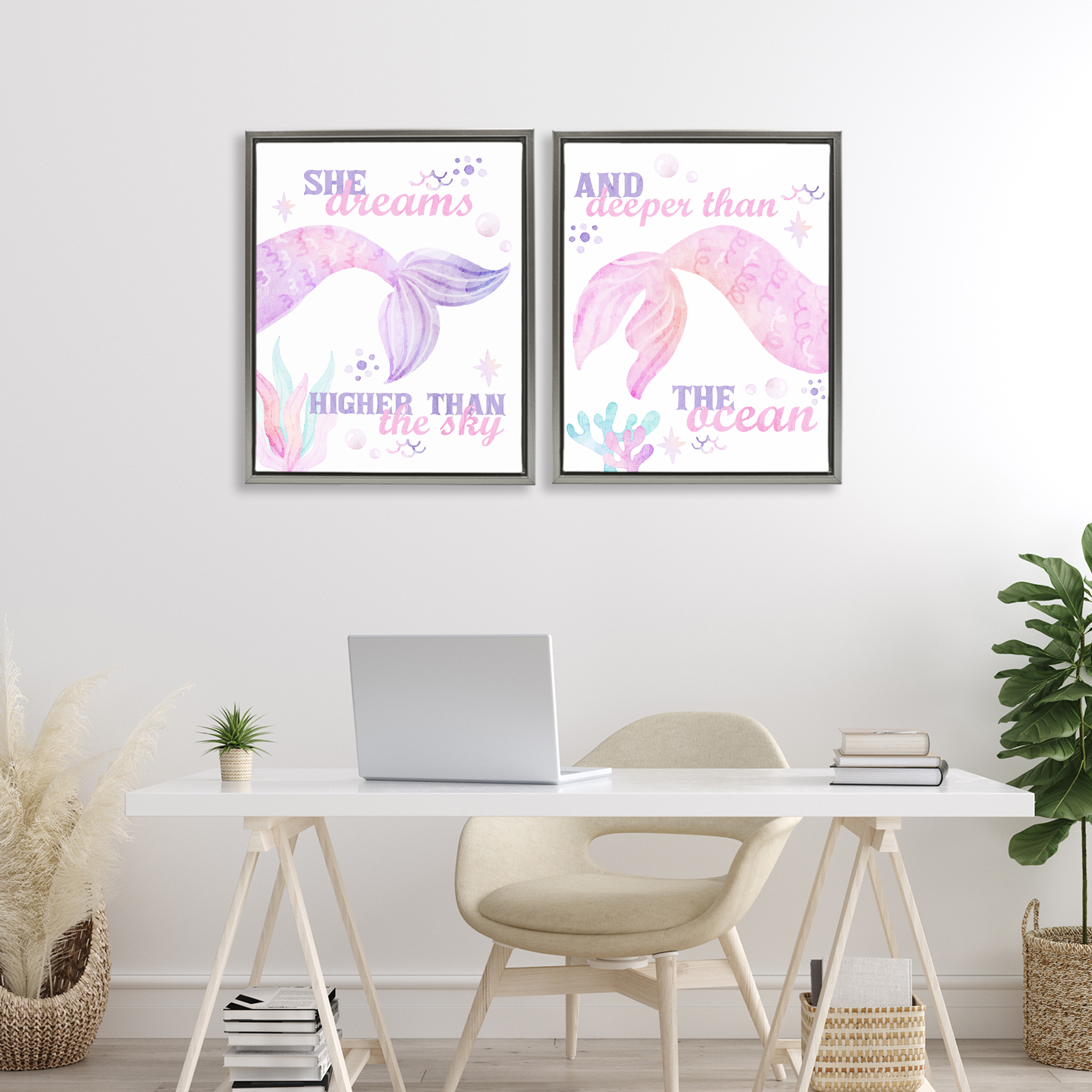 Mermaid Dreams Ocean & Sky 2 Piece Gray Framed Floater Canvas Set, design by Kim Allen