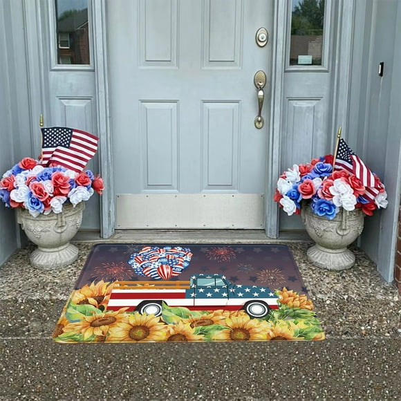 Fridja Welcome American Flag Stars Patriotic 4th of July Doormat Non-Slip Rubber Vintage Linen Floor Mat for Independence Day Indoor Outdoor Home