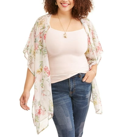 Junior's Plus Floral Print Kimono with Crochet Trim