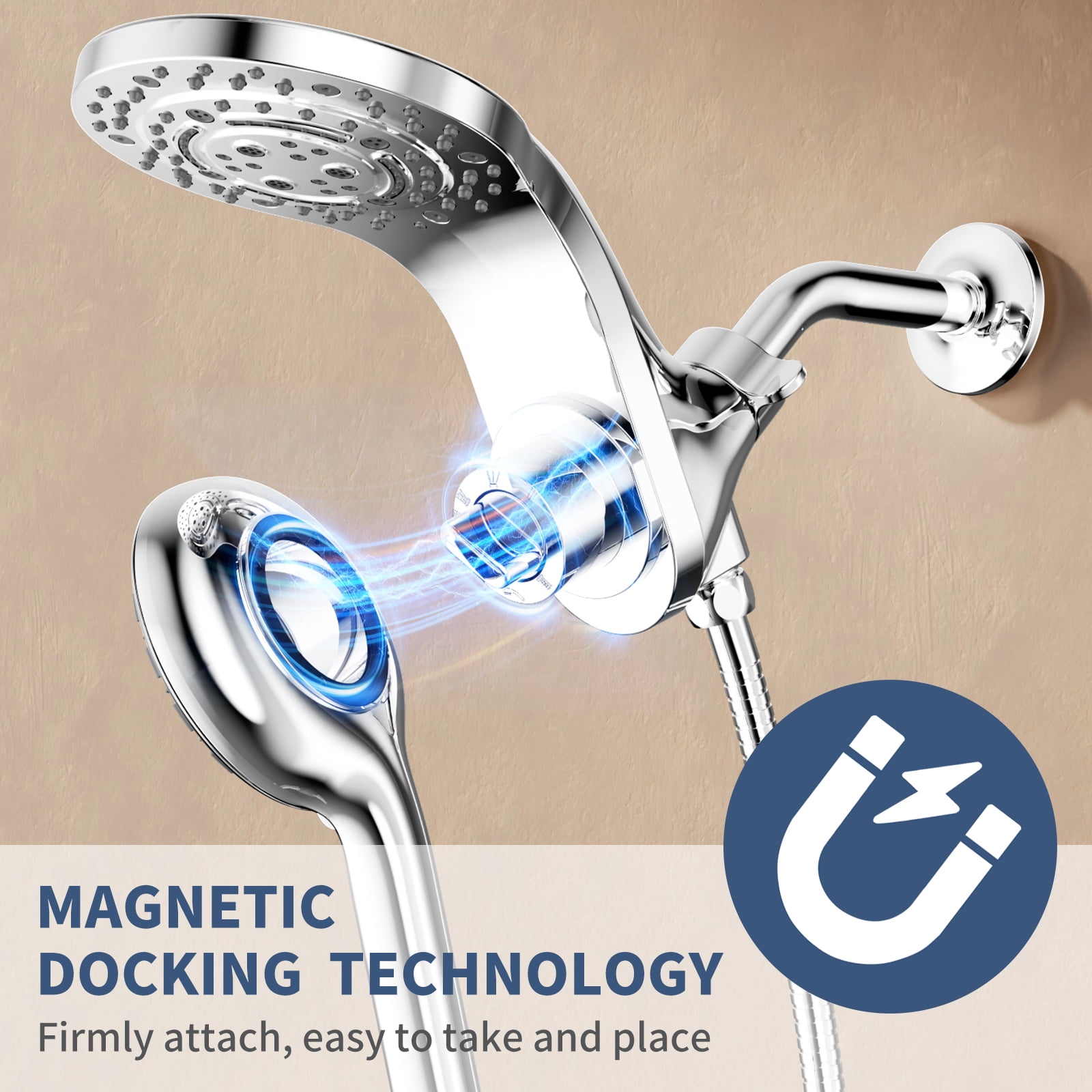 KAIYING Magnetic Rain Shower Head with Handheld Spray, Dual Modes, Waterfall, Chrome