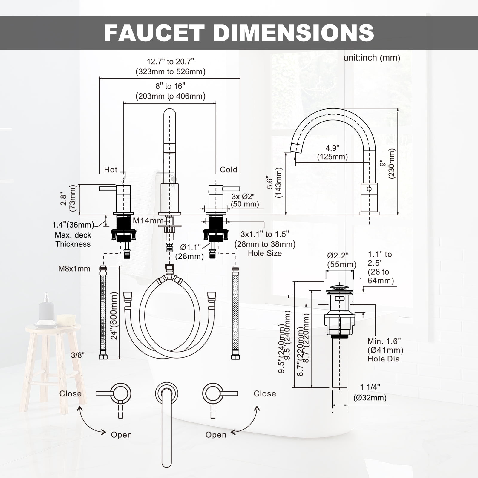 Wowow 2-Handle 6" and 8" Widespread Gold Lavatory Faucet with Supply Hoses & Drain Assembly