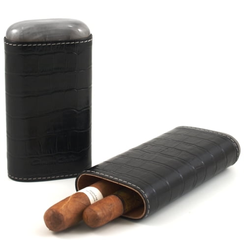 Black Crocodile Leather Travel 3 54 Ring Gauge Cigar Case Holder 
