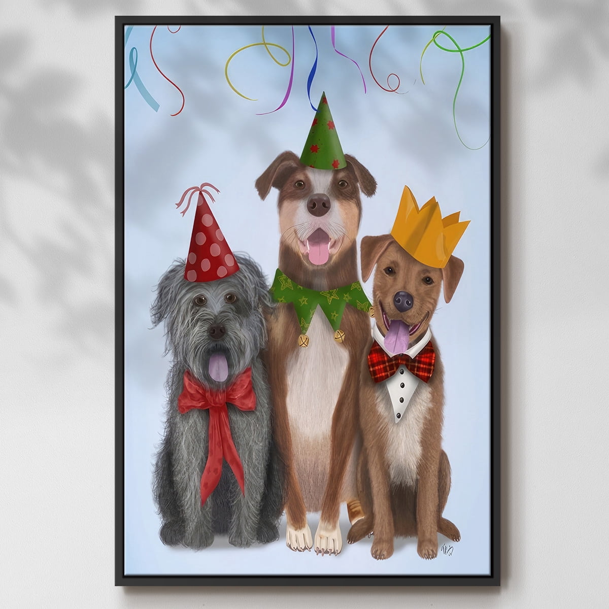Christmas Party Mutts - Framed Gallery Wrapped Holiday Canvas - 25 x 37 - Black Frame