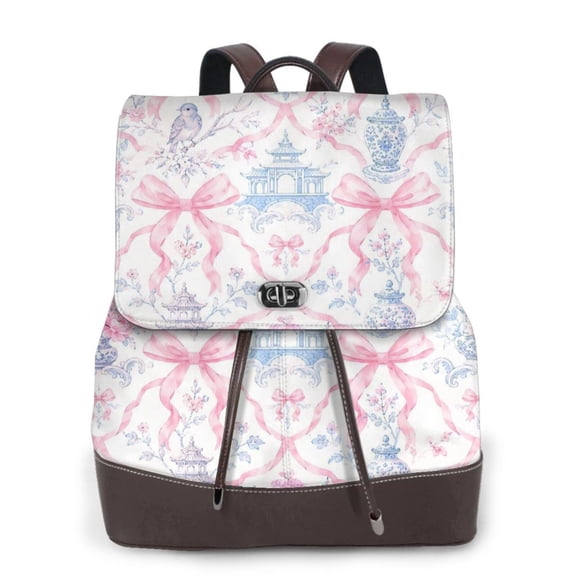 Pink Bow Chinoiserie Floral Women's Leather Backpack All-Over Print Bag for Work and Travel