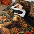 thumbnail image 3 of Castle Fairy Vintage Floral Bear Queen Bedding 7pcs,Daisy Leaf Dark Backdrop Bedding Comforter Set Queen,Orange Green Cream,Black Reversible, 3 of 7