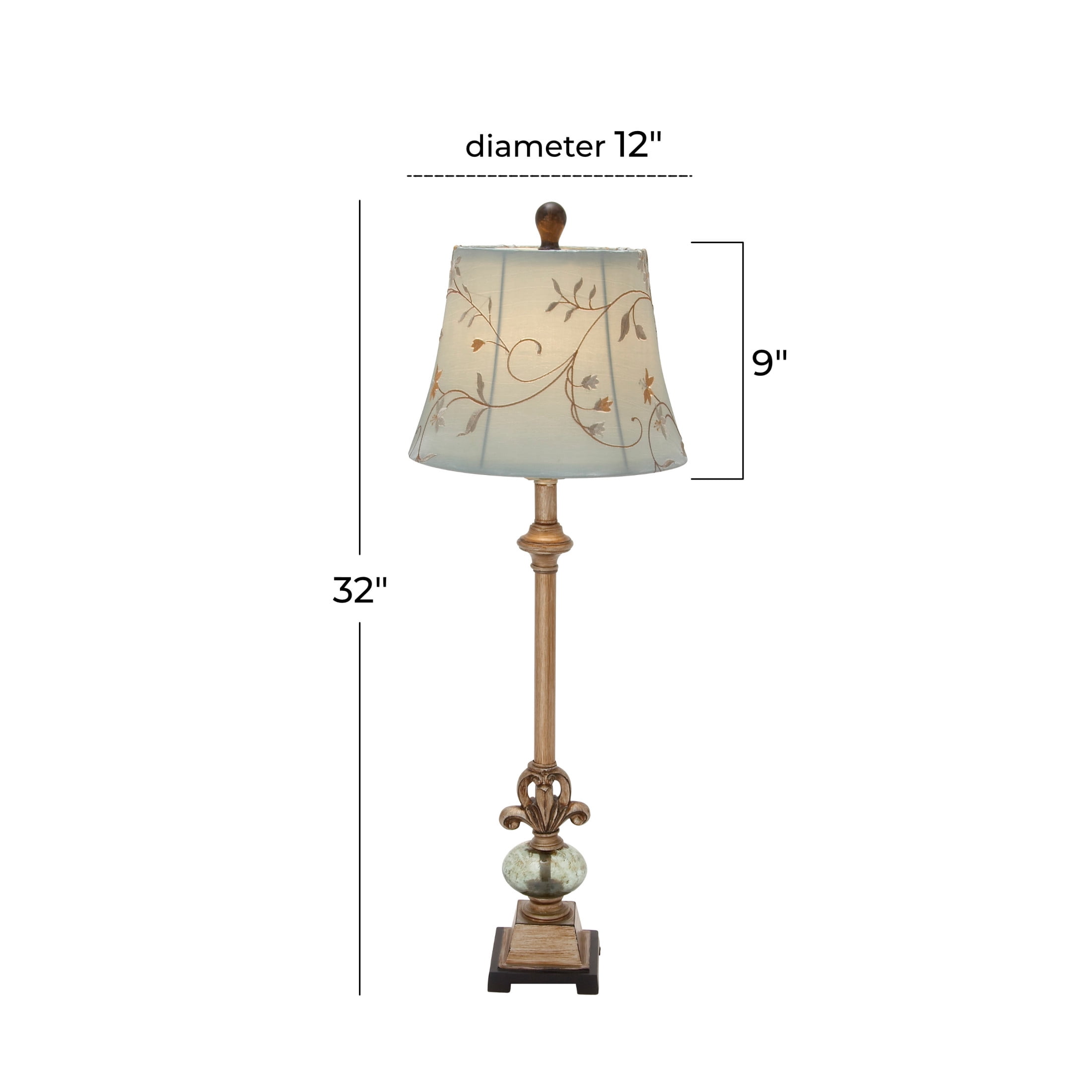 DecMode 32" Antique Style Floral Brass Buffet Lamp with Blue Linen Shade