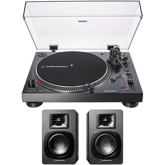 Audio-Technica AT-LP120XUSB-BK Direct-Drive 3-Speed Manual USB Turntable with Audio Technica AT-SP3X Powered Bookshelf Speakers (2018)