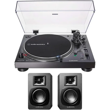 Audio-Technica AT-LP120XUSB-BK Direct-Drive 3-Speed Manual USB Turntable with Audio Technica AT-SP3X Powered Bookshelf Speakers (2018)