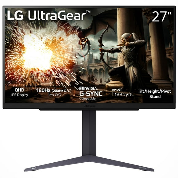 LG 27GS75Q-B 27-inch Ultragear QHD (2560x1440) Gaming Monitor, 180Hz (O/C 200Hz), 1ms, IPS, NVIDIA G-SYNC Compatible, AMD FreeSync, HDR10, Tilt/Height/Pivot Stand, HDMI, DisplayPort, Black