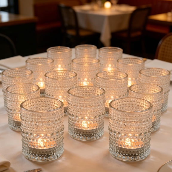 24 Pack Clear Glass Votive Candle Holders, Vintage Candle Tea Lights Holders Clear Tealight Cups for Centerpieces, Home Wedding Bridal Shower Birthday Party Table Decoration