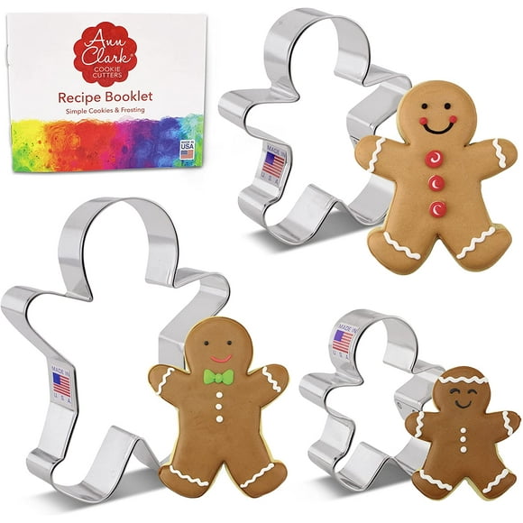 Ann Clark Cookie Cutters 3 Piece Gingerbread Man Cookie Cutter Set with Recipe Booklet, 2.9", 3.75", 5"