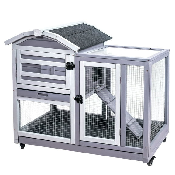 Rabbit Hutch Indoor Rabbit Cage Outdoor, Wooden Bunny Cages for Guinea Pig with Wheels, Removable Tray, Ramp