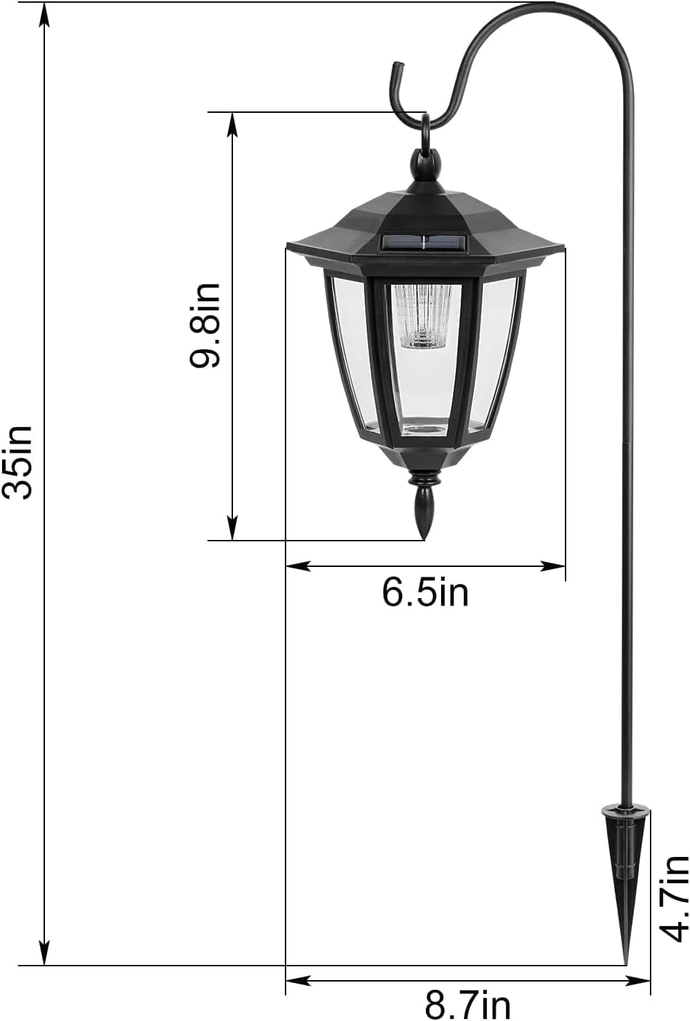 TOYIEW Hanging Solar Lights Outdoor Waterproof, 35 Inch Shepherd Hook Lights with 4 Shepherd Hooks, Solar Lantern Lights for Garden Decor, Pathway, Porch Decor, Patio, Backyard and Yard, 4 Pack