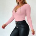 thumbnail image 4 of Sexlip Womens V Neck Long Sleeve Blouse Lace Up Front Design Stretchy Fabric Slim Silhouette for Evening Occasions Pink L, 4 of 6