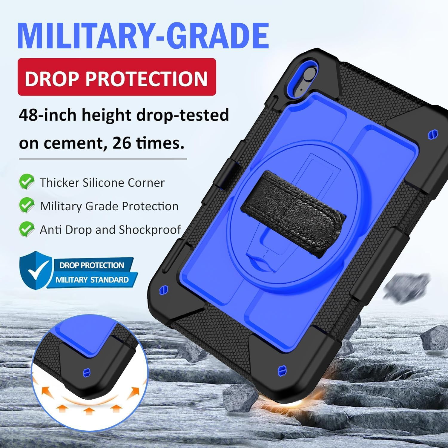 BMOUO Case for iPad (A16) 11th Generation 11" 2025/iPad 10th Generation 10.9 inch 2022, 360 Rotating Stand & Pencil Holder & Hand & Shoulder Strap Shockproof iPad 11th/10th Generation Case, Blue