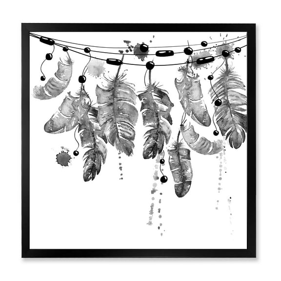 Designart 'Hanging Monochrome Bird Feathers' Bohemian & Eclectic Framed Art Print