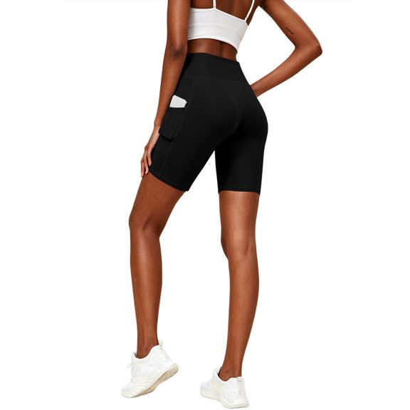 hlysgo Women's Leggings Yoga Shorts Tummy Control Elastic Waist Slim Fit Short Workout Gym Soft Comfort Shorts with Side Pockets Black,S