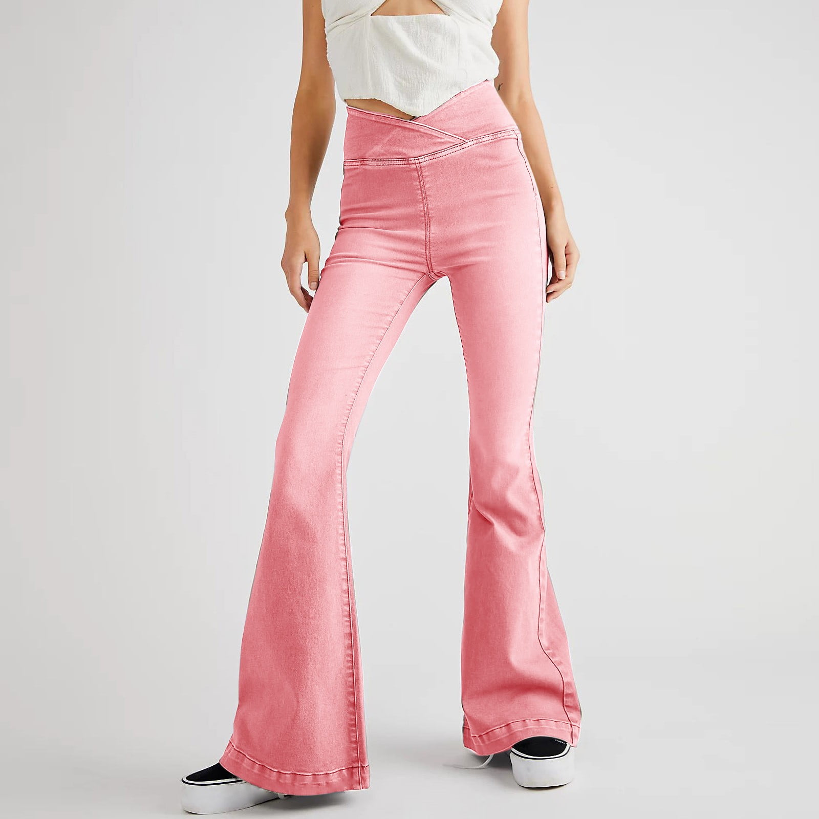 Stretchy Bell Bottom Jeans Crossover High Waist Flared Solid Color Denim Pants for Women Casual Fall Fashion 2024 (Medium, Pink) Stretchy Bell Bottom Jeans Crossover High Waist Flared Solid Color Denim Pants for Women Casual Fall Fashion 2024 (Medium, Pink)