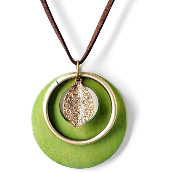 Tiong Handmade Wooden Pendant Necklace Vintage Boho Multilayer Design Long Leather Cord Chain Stylish Sweater Necklaces for Women Men