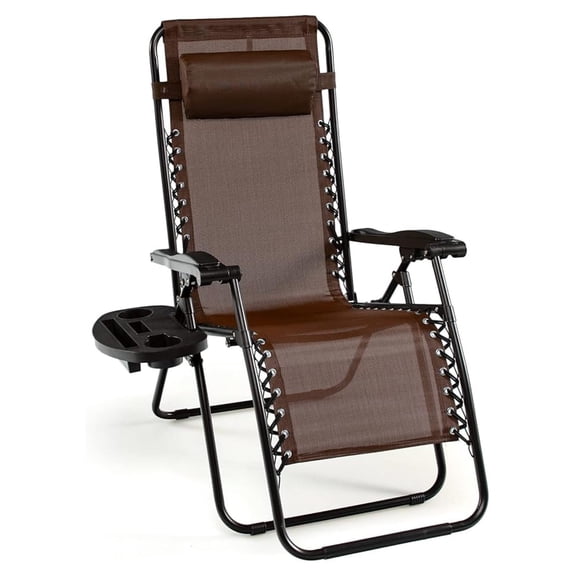 Folding Reclining Lounge Chair, Outdoor Recliner W/Side Tray & Detachable Headrest Pillow, Heavy-Duty Steel Frame, Reclining Folding Chair for Poolside, Backyard (1, Coffee)