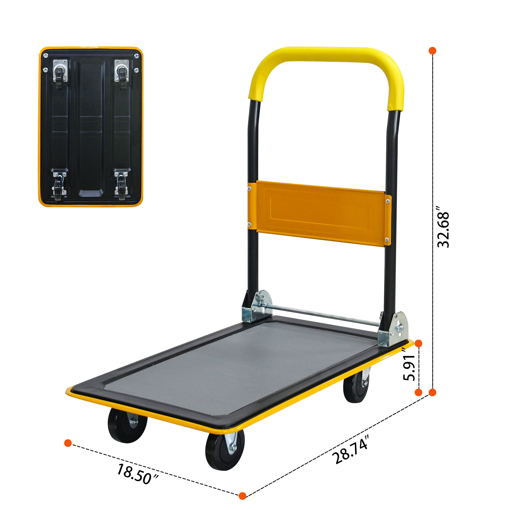 Dolly, Flatbed Cart, 330lbs Heavy Duty Capacity Platform Hand Truck 360 Degree Swivel Wheels Foldable Push Hand Cart for Loading and Storage, Warehouse-Yellow, Yellow Hand Truck,Furniture Dolly