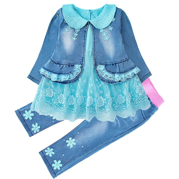 Spring Autumn Baby Girls Clothing Set 3pcs Long Sleeve T-Shirt Denim Jacket and Jeans,Blue,6-12M