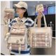 thumbnail image 3 of 5Pcs Canvas School Backpack Combo Set with Kawaii Bear Pendant Cute Pins Plaid Check Handle Shoulder Tote Bag Schoolbag, 3 of 4
