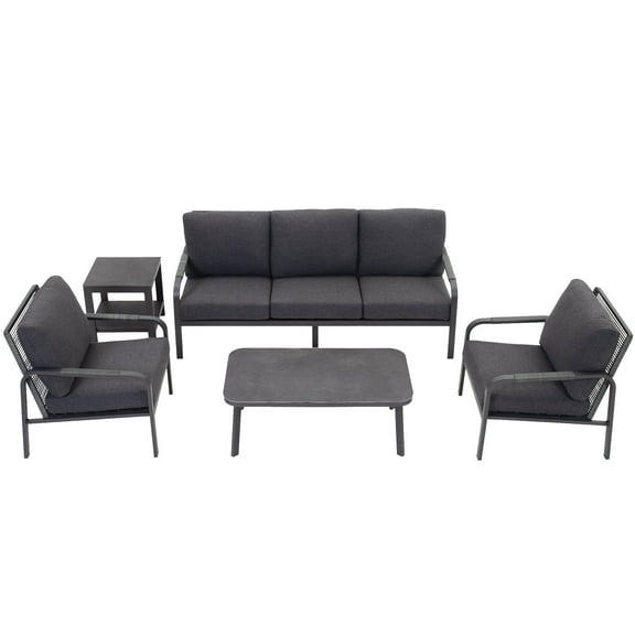 5-Piece Aluminum Patio Furniture Set with Hand-Woven Rattan and Waterproof Fabric, Outdoor Conversation Sets, Grey/Grey