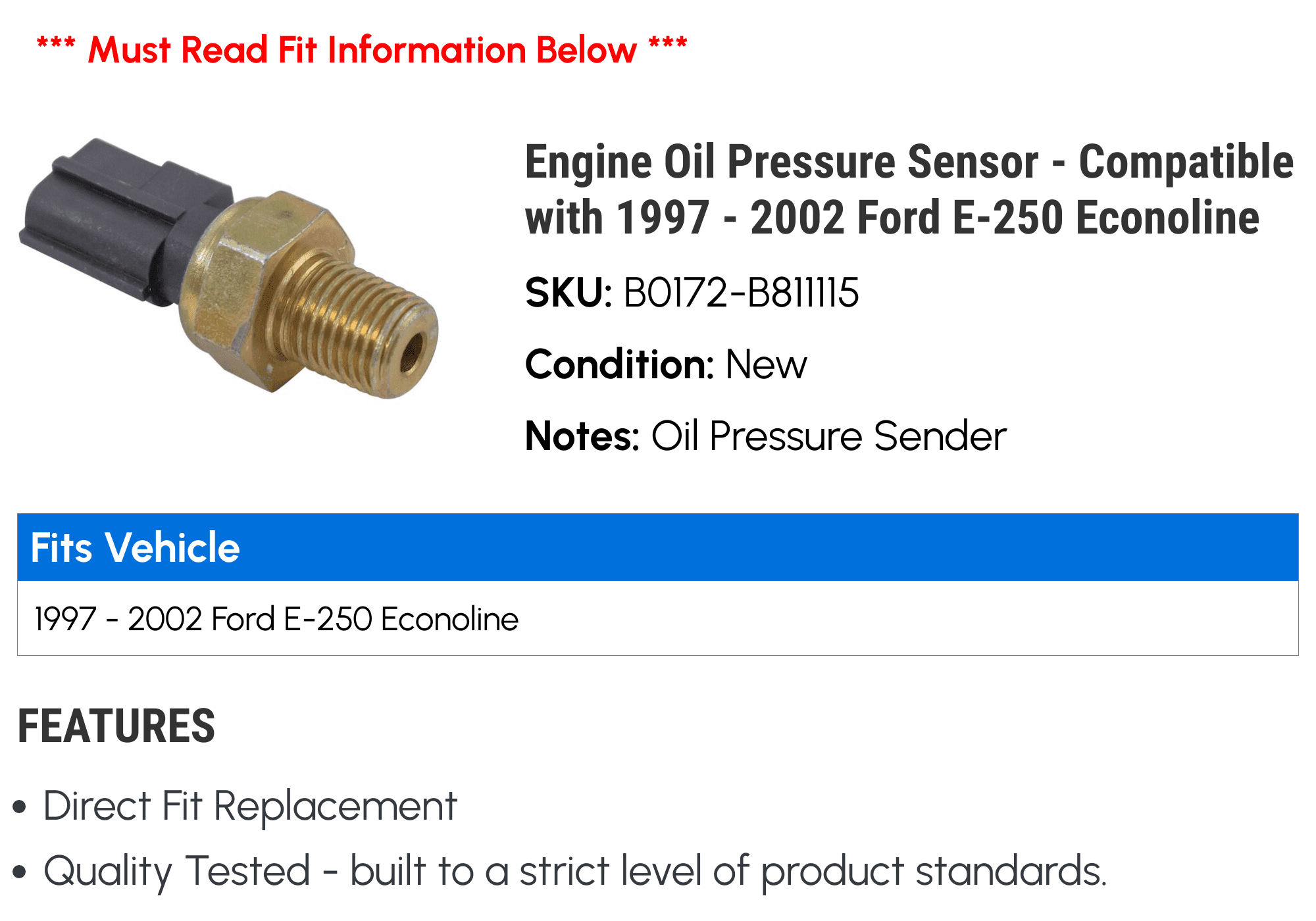 Engine Oil Pressure Sensor - Compatible with 1997 - 2002 Ford E-250 Econoline 1998 1999 2000 2001