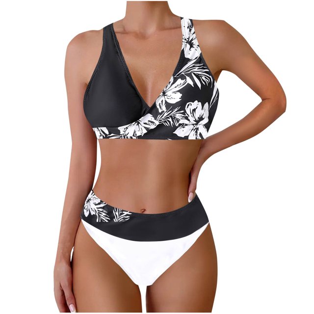 Abcnature Swimming Suits for Women Color Block Print Sexy Back Buckle Backless Bikinis Sets Women's Two-Piece Swimsuits