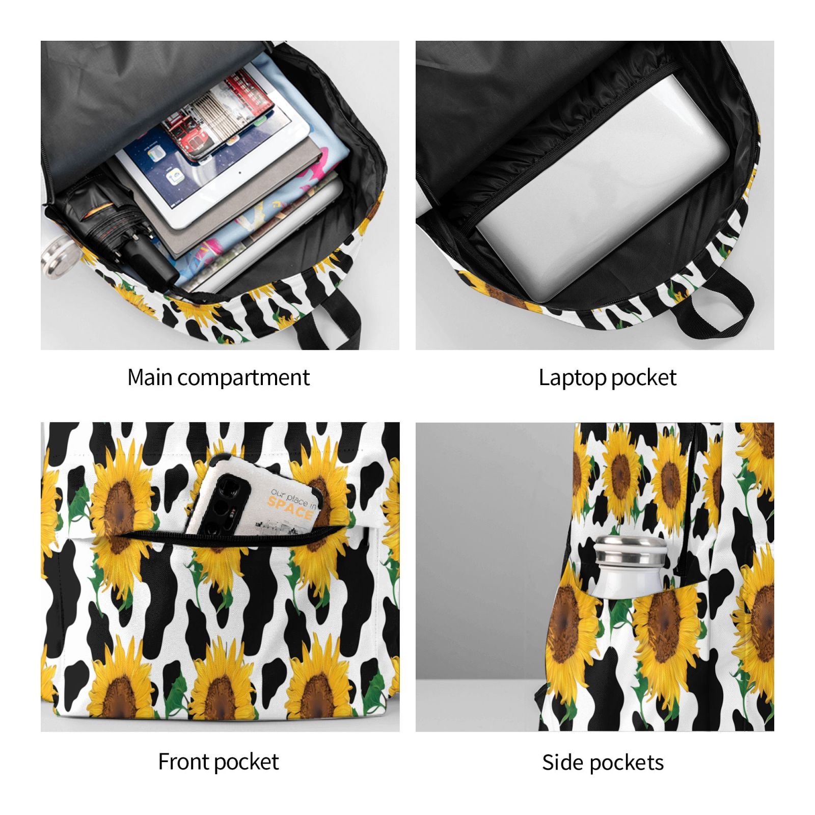Rateoe Cute Cow Print Sunflower B Pattern Student Backpack,Backpack for School,Lightweight Bag,Travel Backpack,Outdoor Backpack,Large Capacity Backpack