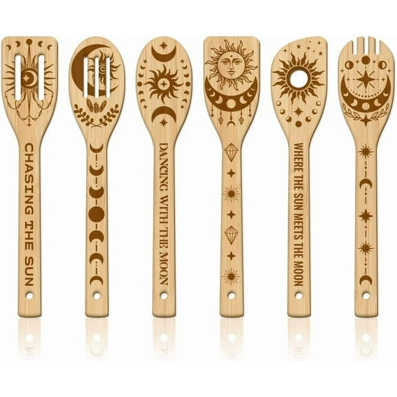 6Pcs Sun and Moon Bamboo Cooking Utensils Wooden Engraved Cooking Spoons Set Moon Phases Kitchen Bamboo Spatula for Women and Men Wood Cooking Spoon for Kitchen House Warming Gift Brown