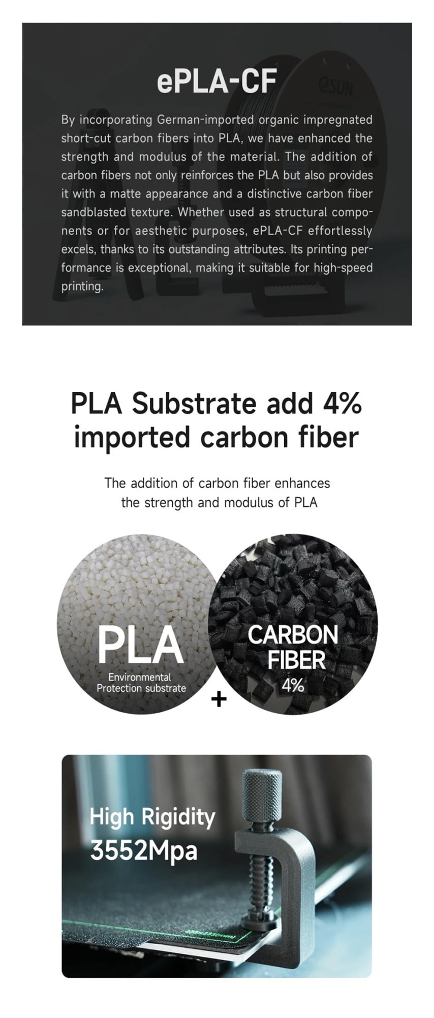 Carbon Fiber PLA 3D Printer Filament, 1KG 1.75MM Fast Printing PLA-CF High-strength Carbon Fiber PLA Filament ,More Smoother and Stable