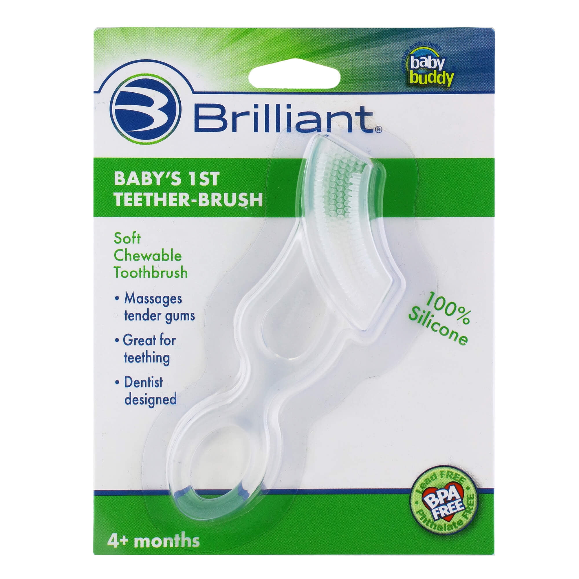 Brilliant Babys 1st Toothbrush Teether, Chewable Silicone, No-BPA First Brush for Babies and Toddlers, Clear, 1 Count