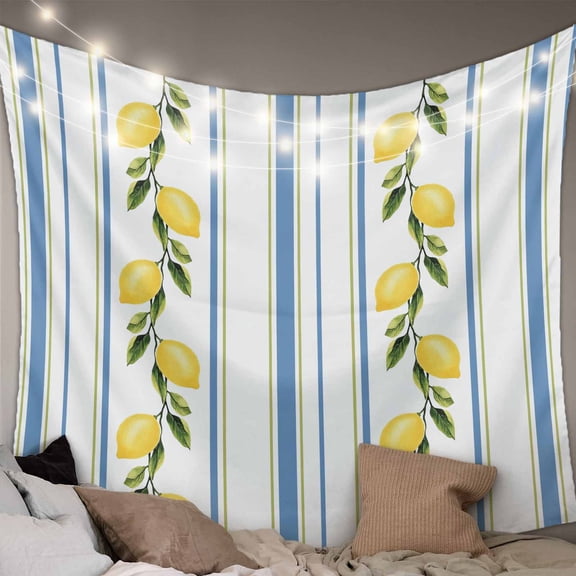Lemon Striped Tapestry for Bedroom Wall Hanging Tapestry, Yellow Fruit Blue White Geometric Ceiling Backdrop Tapestries Poster Blanket Wall Decor for Teens Room Living Room Dorm 51" x 59"