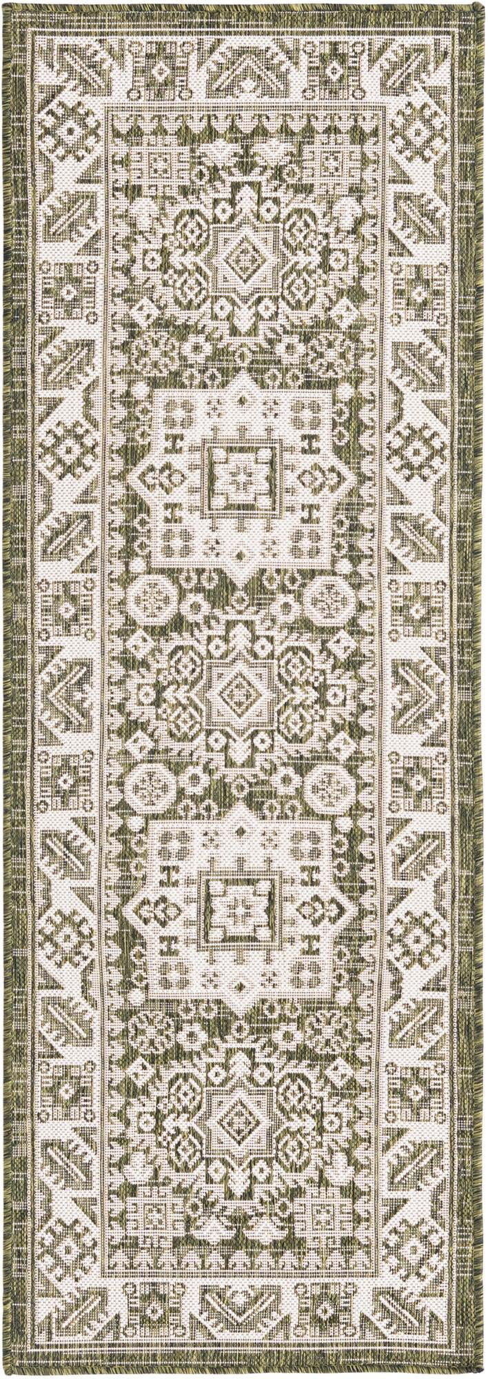Rugs.com Outdoor Aztec Collection Rug 6 Ft Runner Green Flatweave Rug Perfect for Hallways Entryways