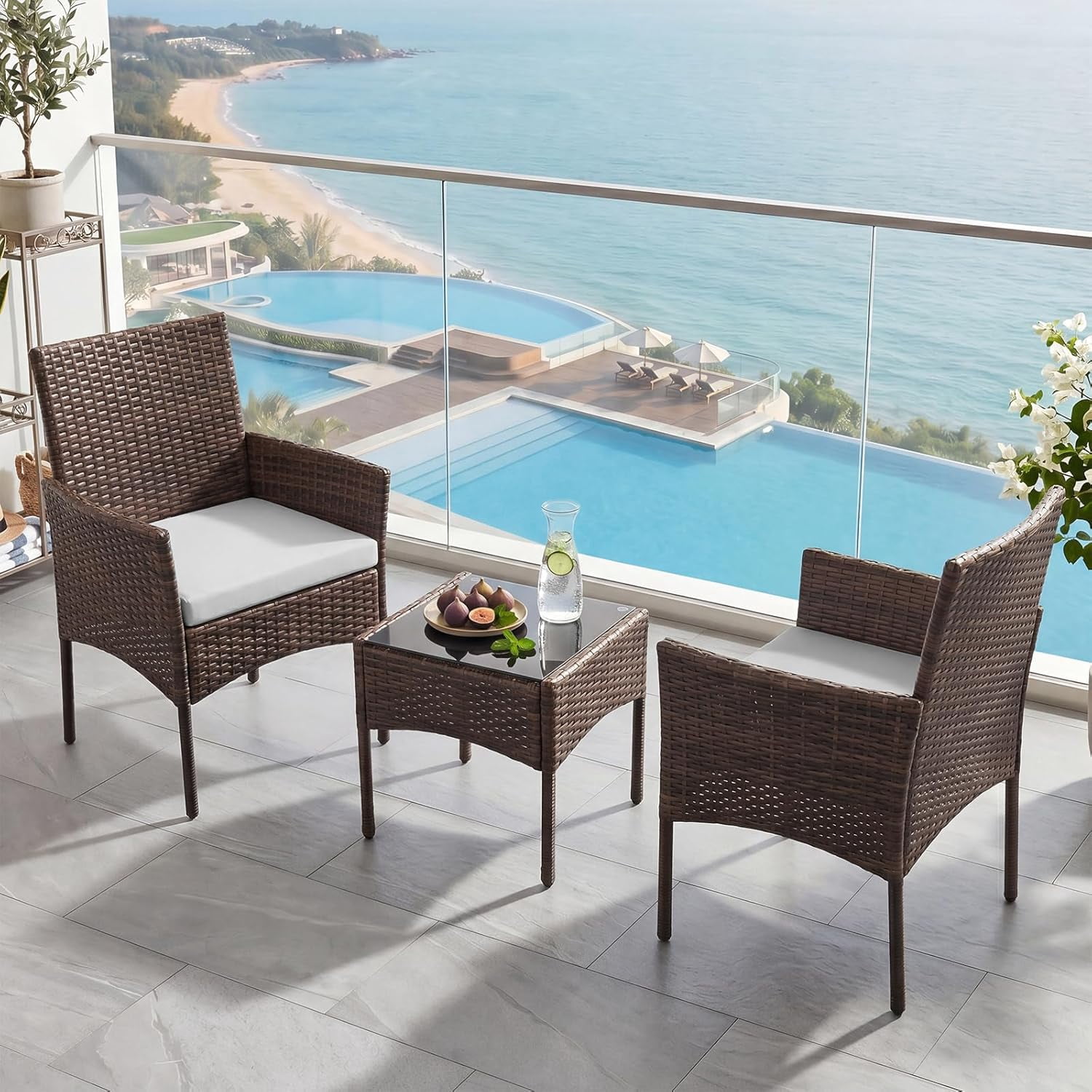 Simenmax 3 Piece Patio Wicker Furniture Set, Outdoor Rattan Chairs with Tempered Glass Coffee Table, Comfortable Washable Cushions for Balcony, Backyard, Poolside, Beige